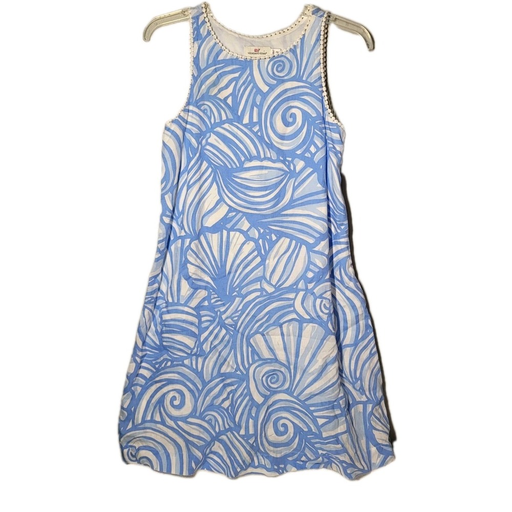 Vineyard Vines Size 00 Nautilus Shell Print Linen Shift A-Line Swing Dress Blue